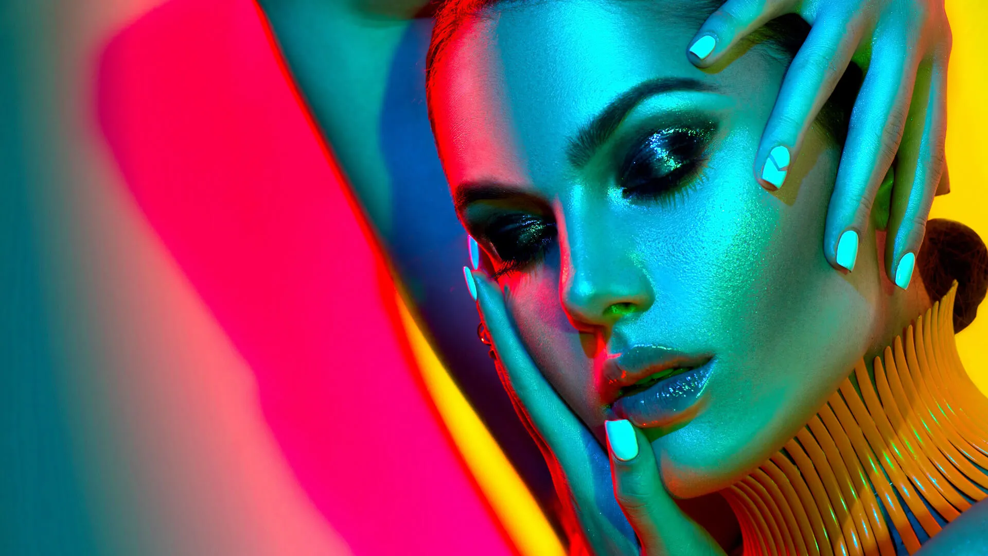 fashion model on multi-colored background