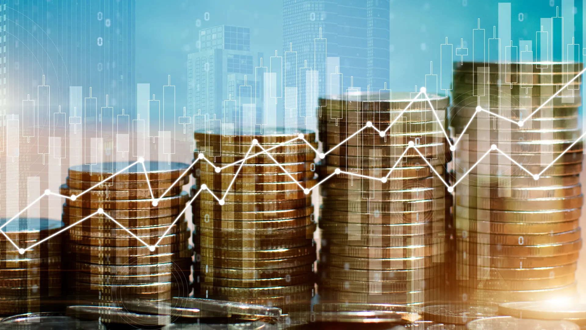 Double exposure of stack of money coin with trading graph for finance investor.